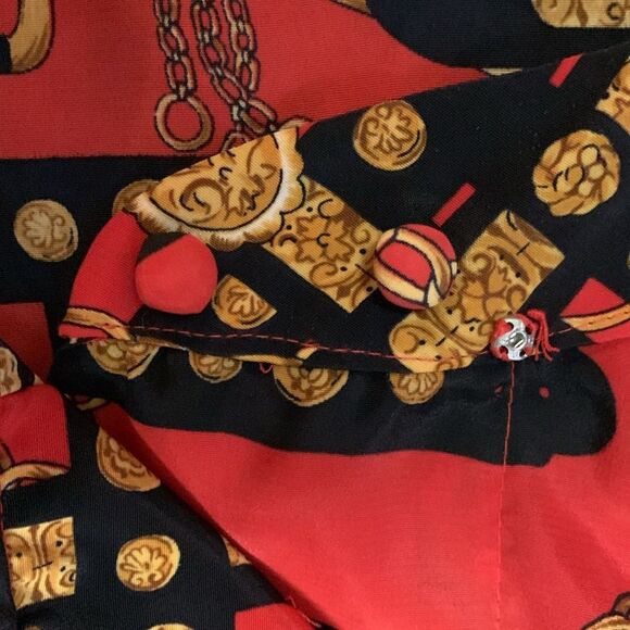 Vintage Jordan Red Gold Black Chain and Belt Print Long Sleeve Blouse Size 14 - Picture 13 of 13